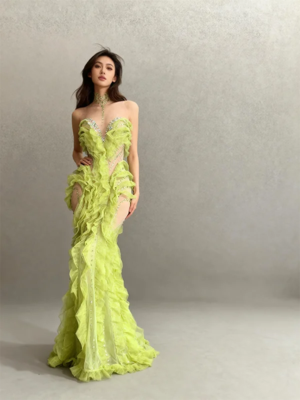 Elegant Sparkly Green Rhinestones Mesh Sheer Ruffle Maxi Dress Celebrate Eveing Birthday Party Nightclub Red Carpet Stage Wear