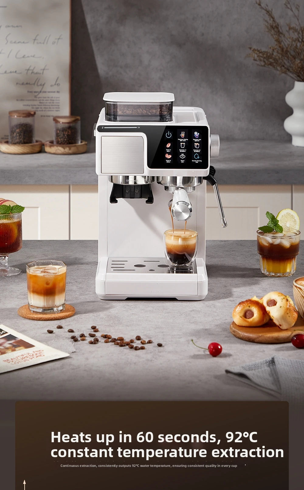 White espresso machine with bean grinder, digital touchscreen, and stainless steel portafilter on a kitchen counter.
