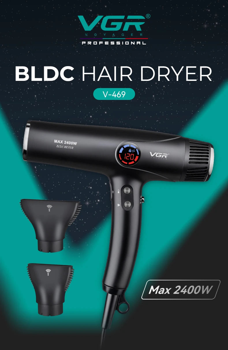 VGR V-469 professional black BLDC hair dryer with digital display, 2400W power, and two magnetic styling attachments.