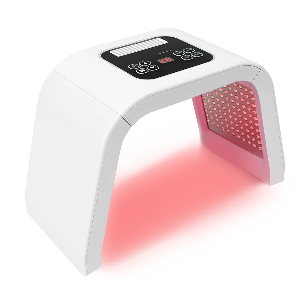 White arched LED light therapy machine with a digital control panel and red light display for skincare treatments.