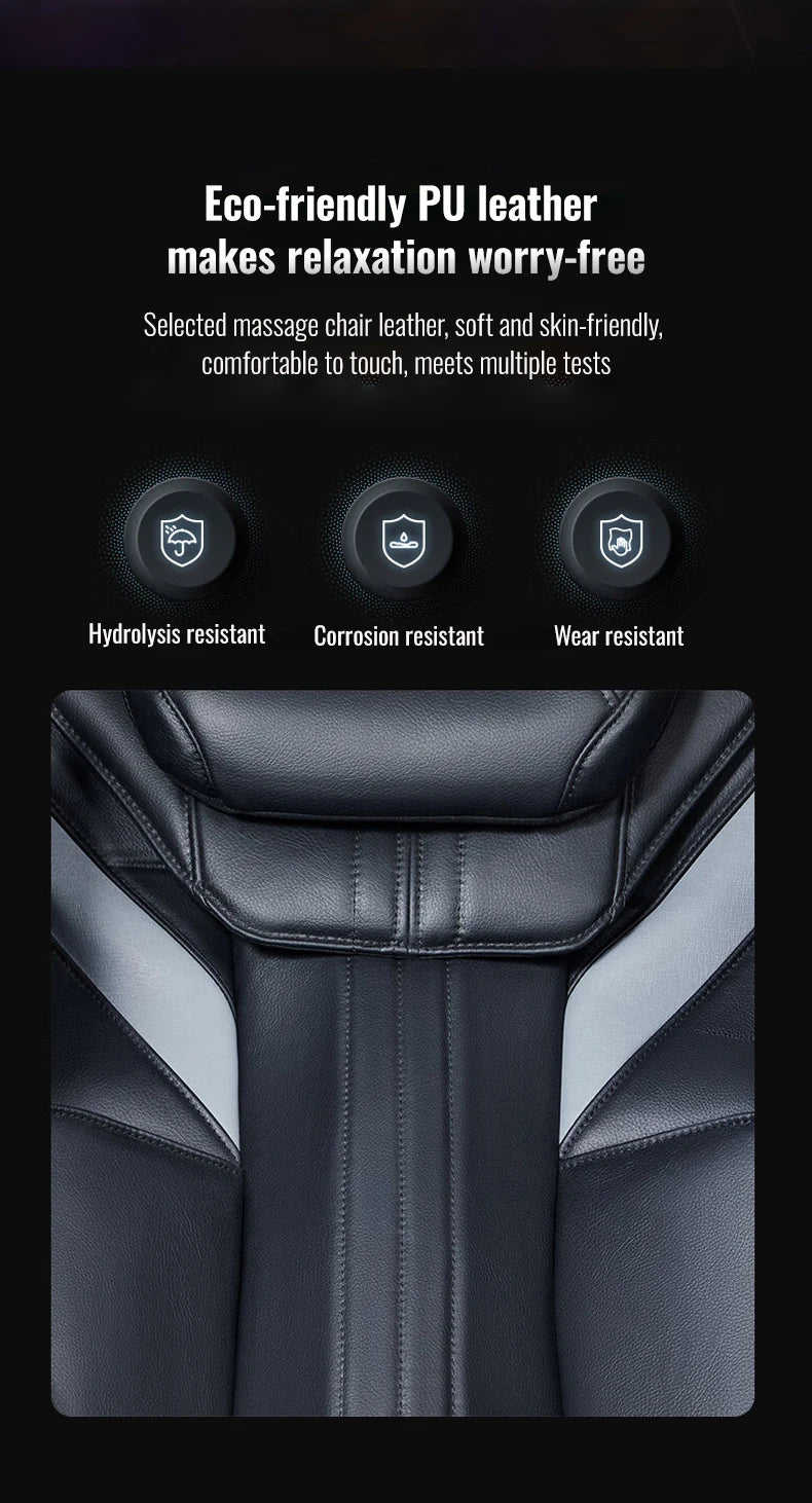 Close-up of a black and grey eco-friendly PU leather massage chair surface with durability icons above.