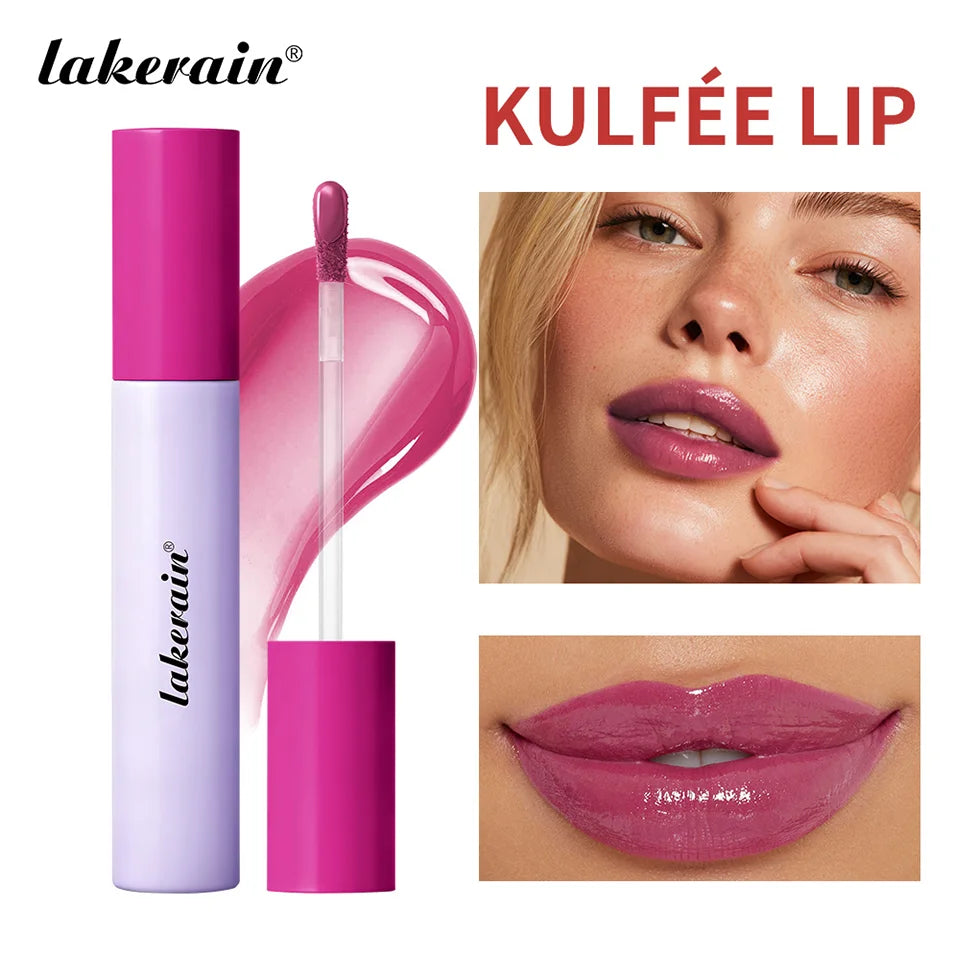 Lakerain Kulfée moisturizing lip oil in a glossy pink berry shade with non-sticky, smooth application and finish.