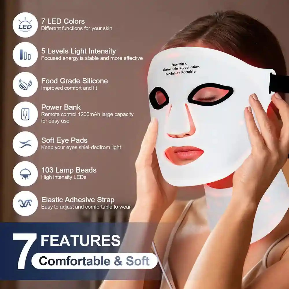 Woman wearing a flexible, white silicone LED face and neck mask for light therapy with features listed on the side.