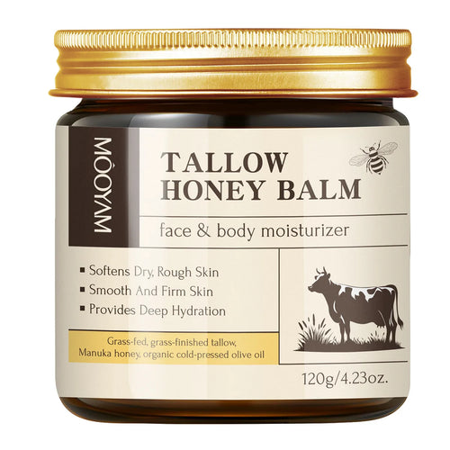 Tallow honey balm face and body moisturizer jar with gold lid and cream label