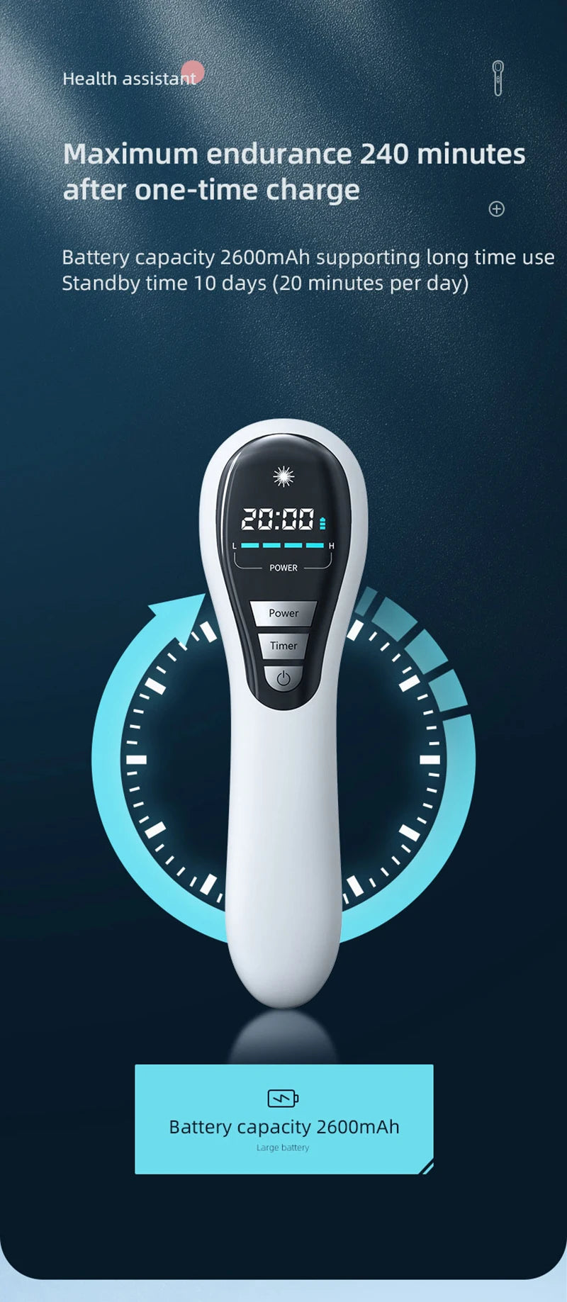Handheld LLLT infrared cold laser therapy device for pain relief with LCD timer and 2600mAh rechargeable battery.