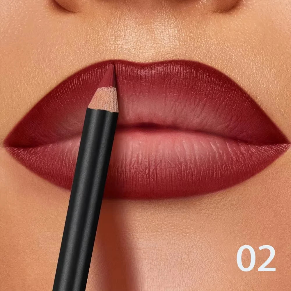 Waterproof matte lip liner in shade 02, deep red pigment, creamy texture, long-lasting smudge-proof lip makeup look.