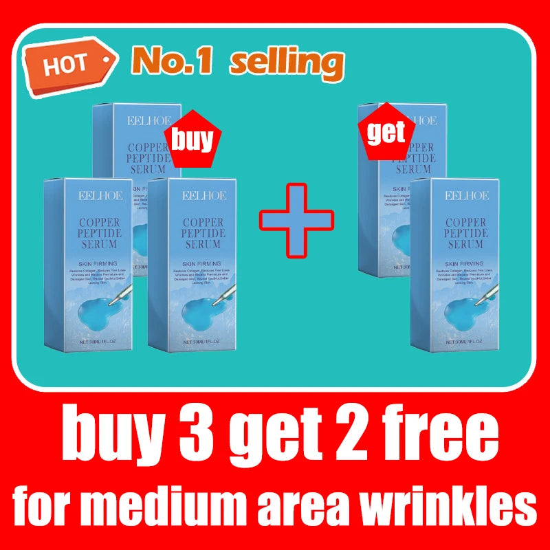 Five boxes of Eelhoe Copper Peptide Serum in light blue packaging, displayed as a "buy 3 get 2 free" promotional offer.