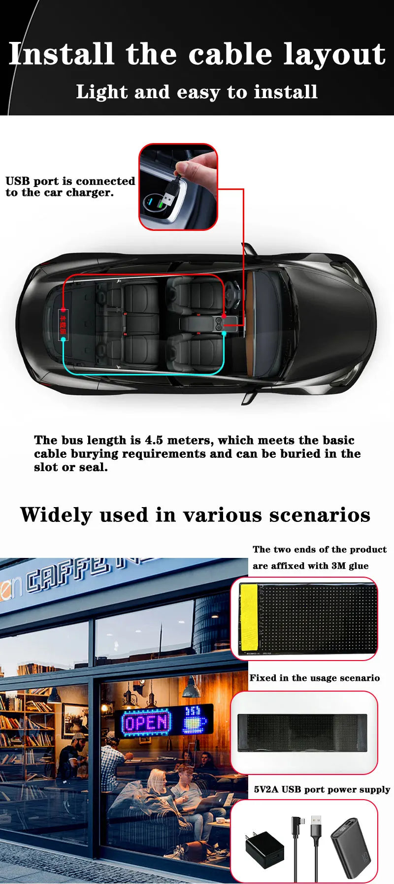 Car LED Matrix Pixel Panel 16x64 - Customizable RGB Scrolling Text Display Tidesmit