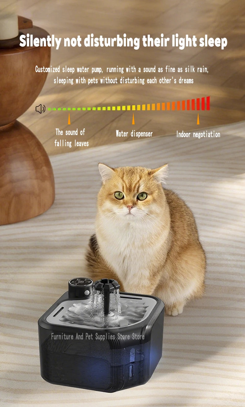 Wireless cat water fountain with infrared sensor and silent pump for fresh, automated pet hydration.