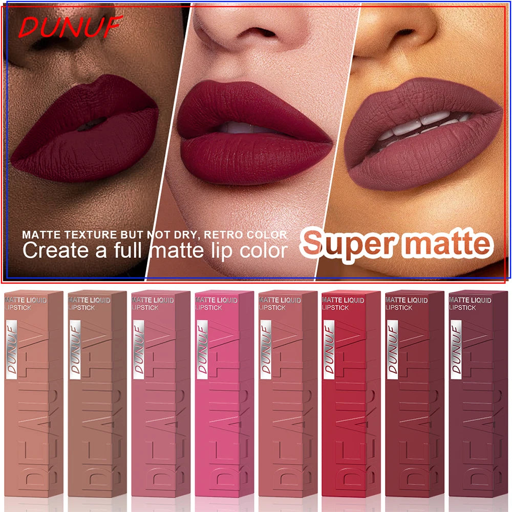 8pc matte liquid lipstick set featuring long-lasting, waterproof, non-stick colors in nude and bold retro shades.
