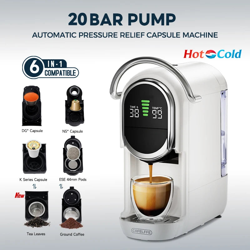 Cafelffe 6-in-1 white automatic 20-bar espresso capsule machine with digital display and hot-cold brewing capability.