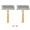 Two dog and cat slicker brushes with wooden handles for removing pet hair from shedding coats and clothing lint.