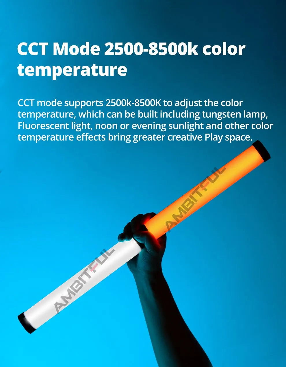 Handheld LED light wand with adjustable color temperature, glowing orange and white, used for photography lighting.