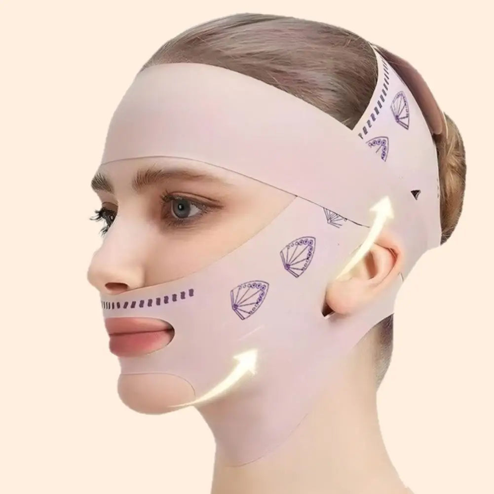 A model wears a light pink, reusable face-sculpting bandage with purple fan patterns and lift-directional arrows.
