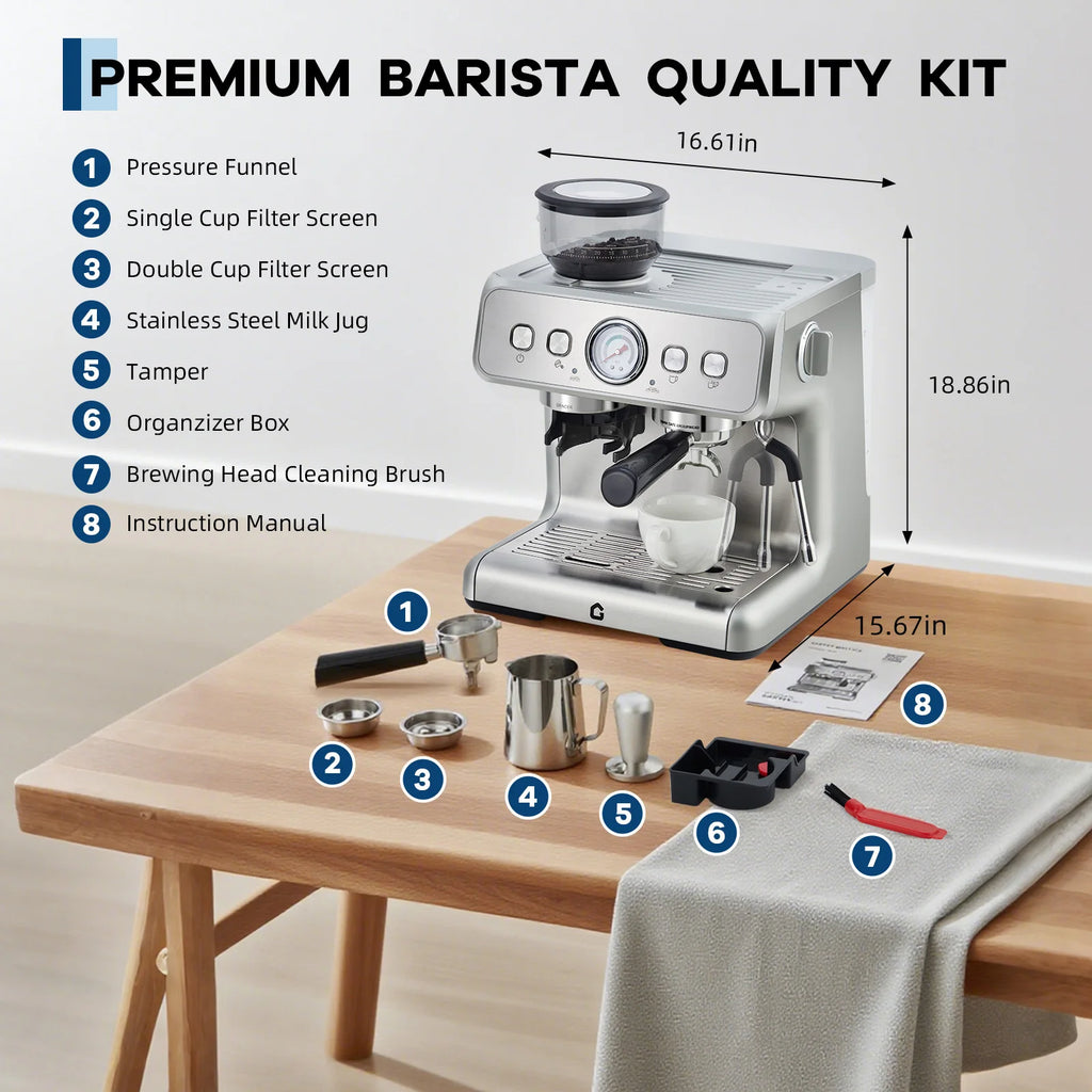Stainless steel espresso machine kit with grinder, pressure gauge, milk jug, tamper, and accessories on wooden table.