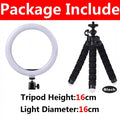 16cm circular LED ring light with a black flexible tripod stand for smartphone photography and video recording.