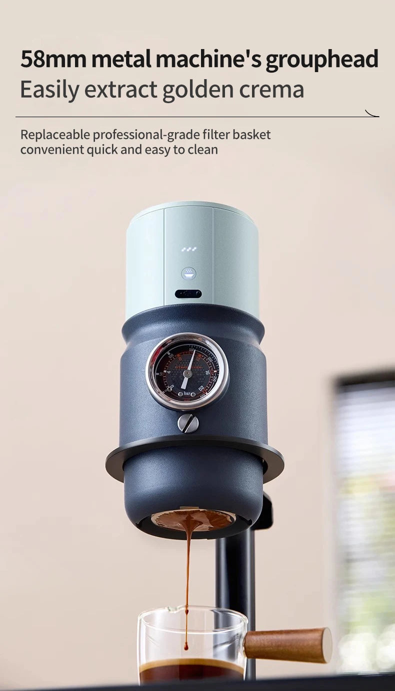 Blue 58mm espresso machine grouphead with pressure gauge extracting coffee into a glass cup for rich crema.