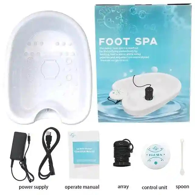 Ionic foot detox spa machine with white basin, ion array, control unit, power supply, and manual in retail box.