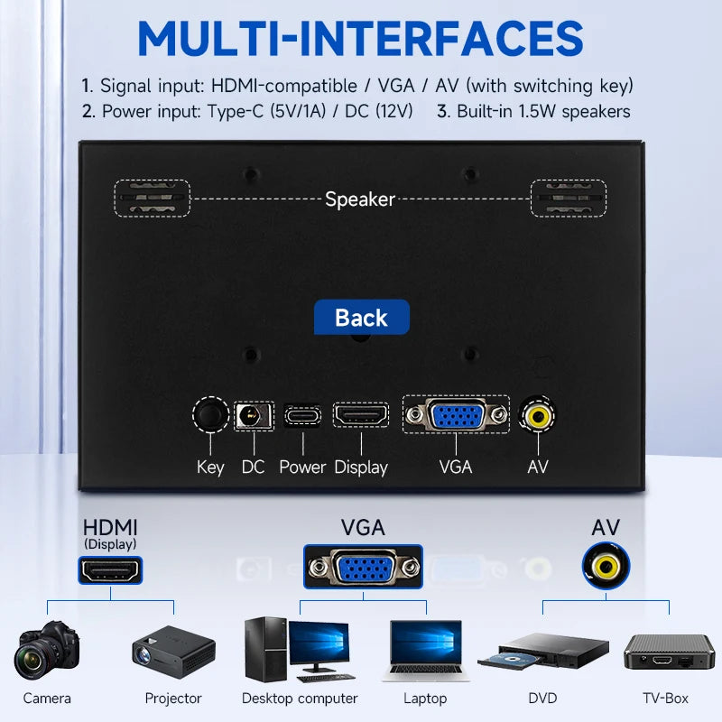 7 Inch IPS Screen Portable Monitor 1024x600 HDMI-compatible VGA AV Input DC Type C Power LCD for PC Laptop Camera TV Box RPi