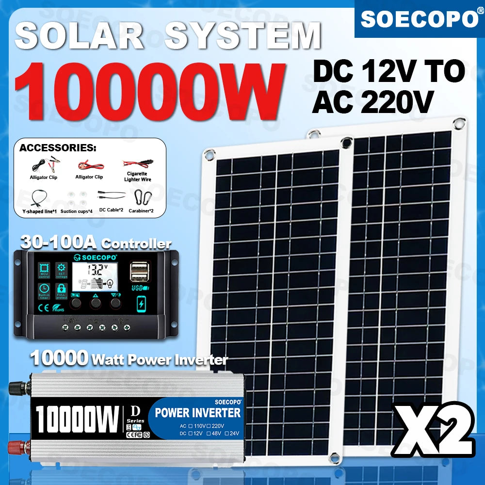 Caravan Solar System Kit Camping DC 12V - AC 110V/220V Inverter Complete Solar Kit for Home 10000w USB 5V/1.5A 100A Controller