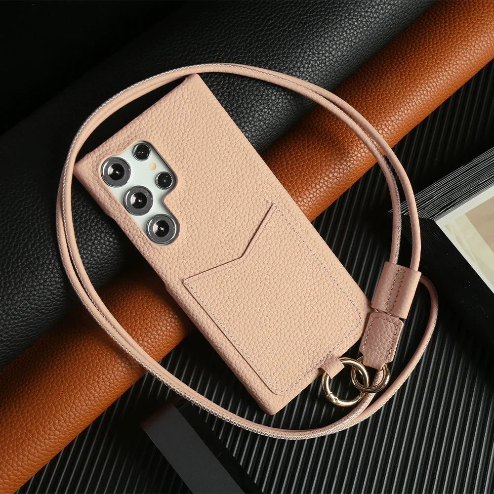 Genuine Leather Samsung Galaxy S24 Ultra Case with Adjustable Lanyard Pale pink China Mainland Tidesmit