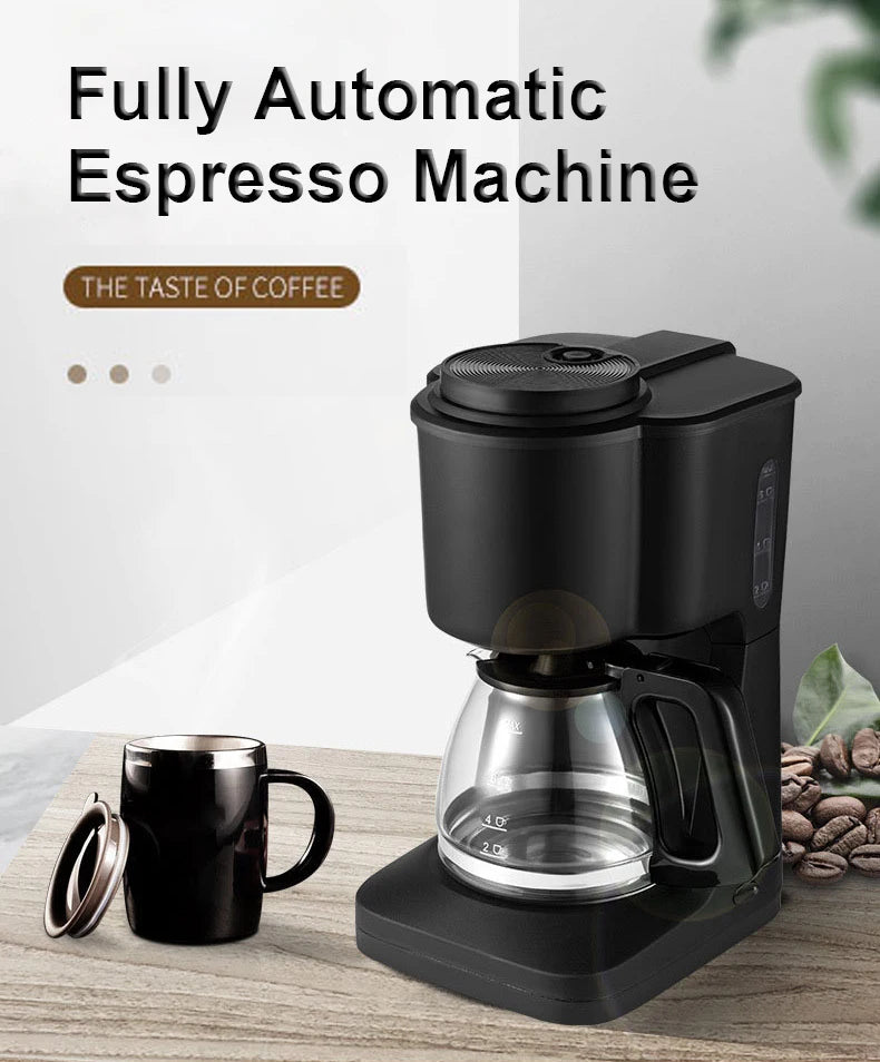 Black fully automatic espresso and drip coffee maker with glass carafe, measuring marks, and matching black coffee mug.