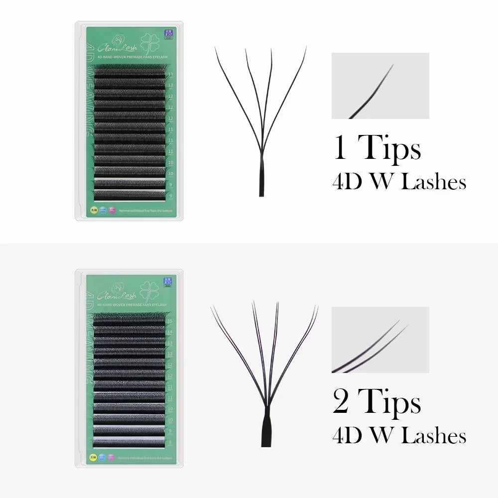 Black 4D W-shape premade eyelash extension trays with individual fans, designed for professional lash application.