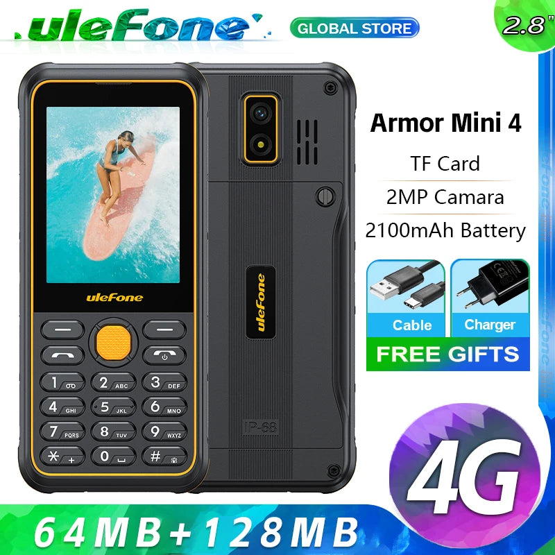 Ulefone Armor Mini 4 Rugged 64MB RAM 128MB ROM 2.8 inch Unisoc T117 2MP Rear Camera 2100mAh Battery 4G Global Version