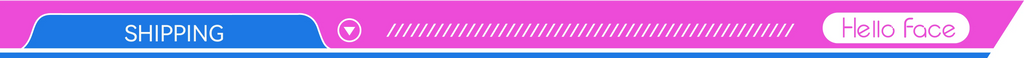 Banner with a bright pink background, blue "SHIPPING" tab, a dropdown arrow, and the Hello Face logo.