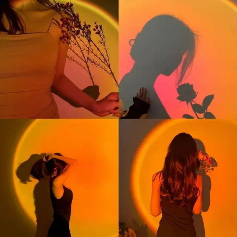 Sunset lamp projecting a large, circular orange and yellow light halo on a wall for ambient photography or home decor.