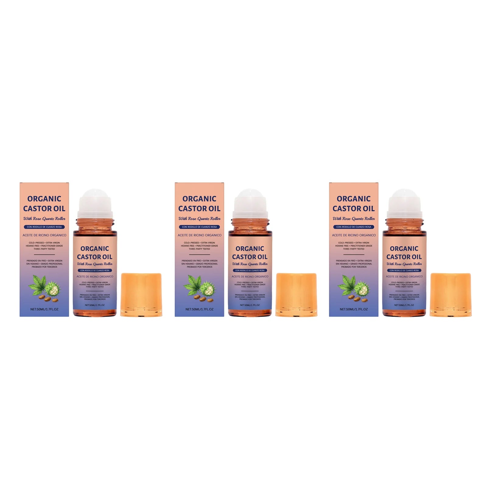 Three organic castor oil roll-on bottles with amber glass and white caps