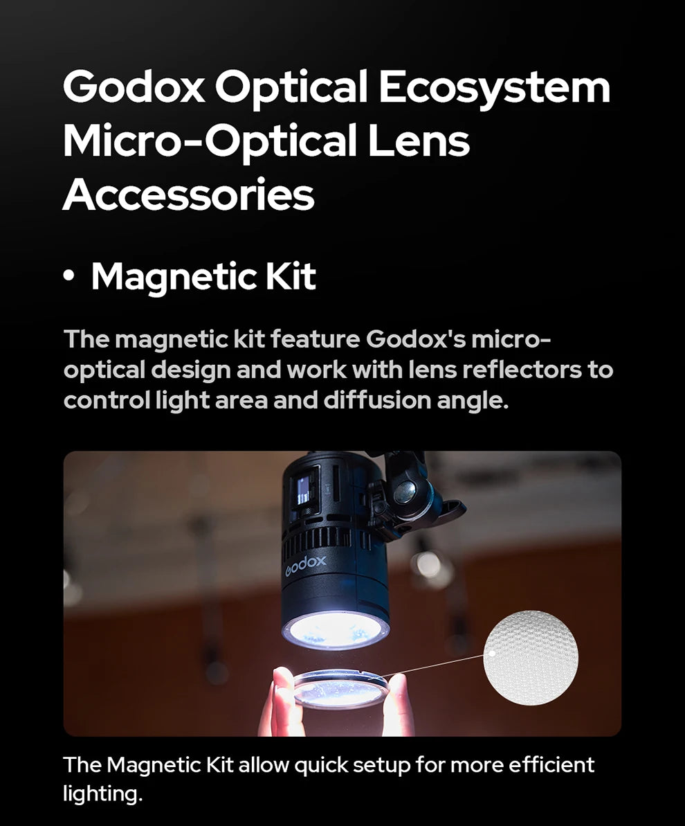 Magnetic circular lens accessory for light control with a textured, semi-transparent diffusion surface.