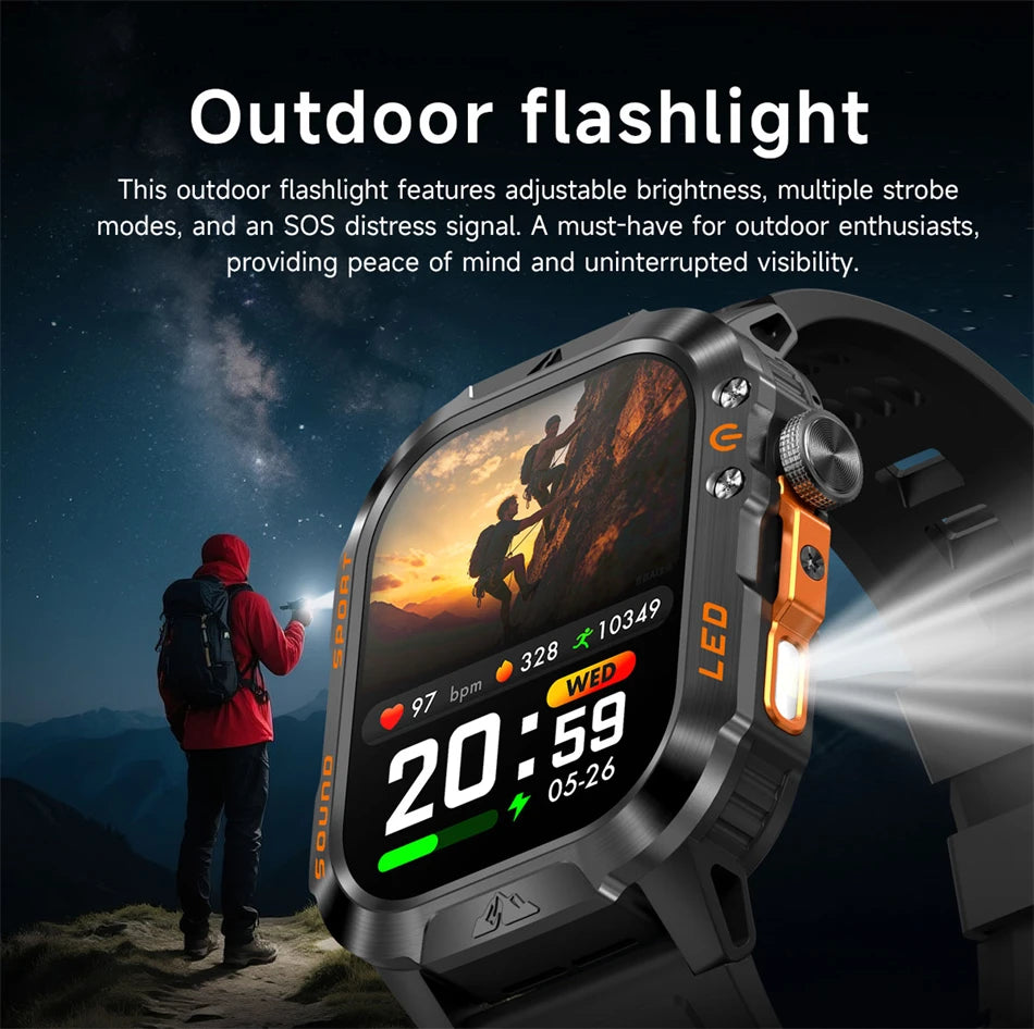 New Military Grade 1200mAh Battery Smartwatch Men 5ATM Waterproof Sports Tracker Flashlight Heart Rate AMOLED Screen Smart Watch