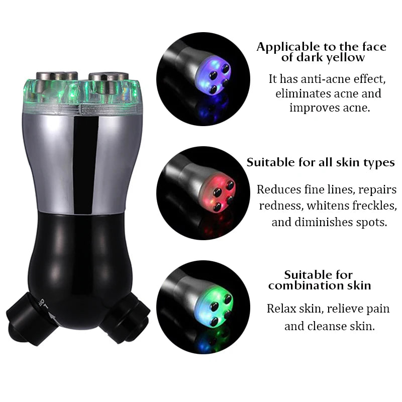 Black and silver facial skin therapy device with LED light settings for acne, anti-aging, and skin rejuvenation.