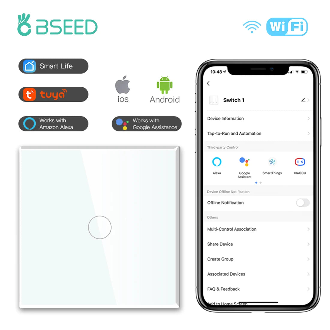 WiFi Smart Wall Switch with USB-C Port - Glass Panel Tidesmit 1Gang Switch EU standard Tidesmit