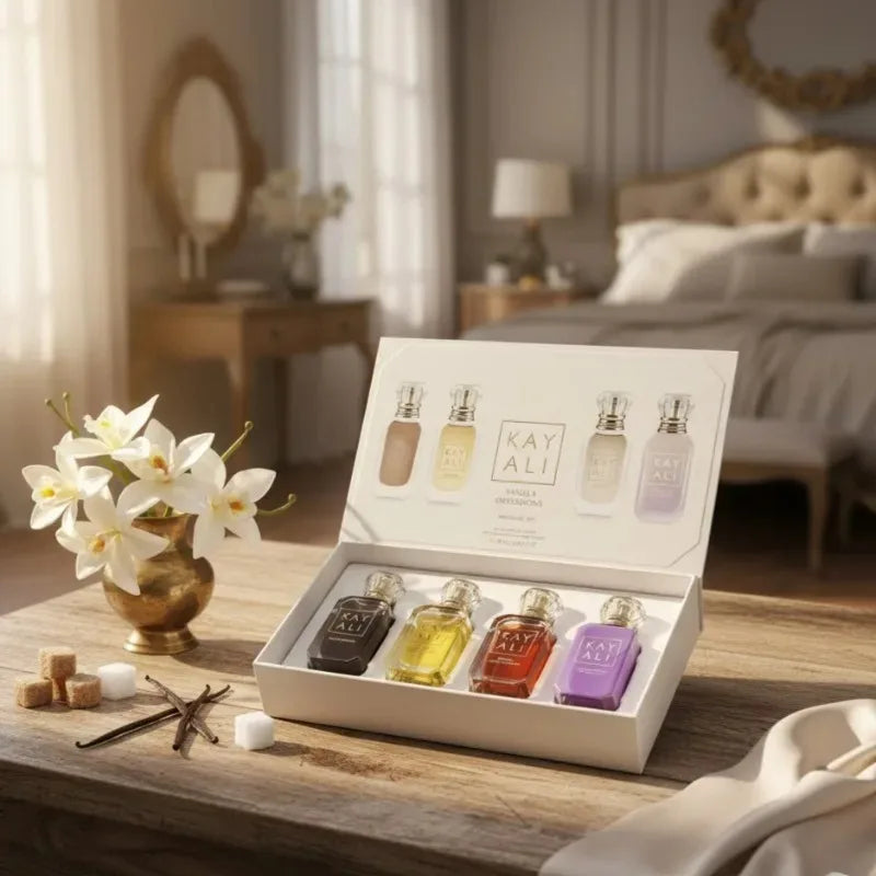 KAYALI women's perfume gift set: 4 floral, fruity, musk EDP glass mini bottles for long-lasting natural fragrance.