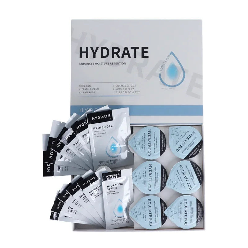 Hydrate skincare kit in a box, including single-use serum packets, primer gel, and dome-shaped hydration pods.