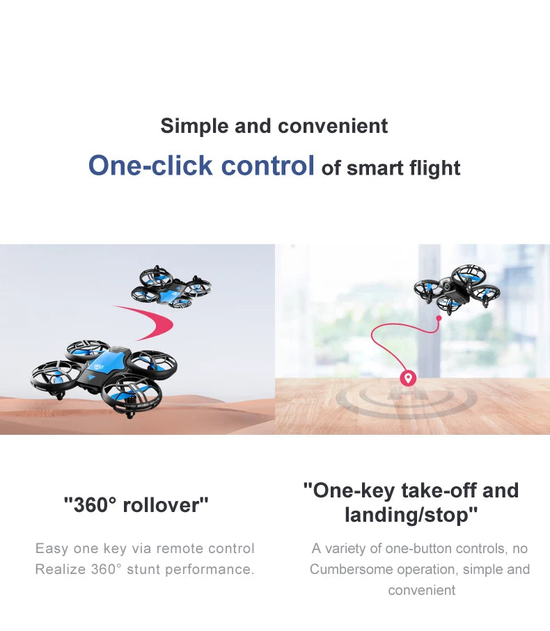 Small blue and black drone performing 360-degree rollovers and automated one-key take-off and landing.