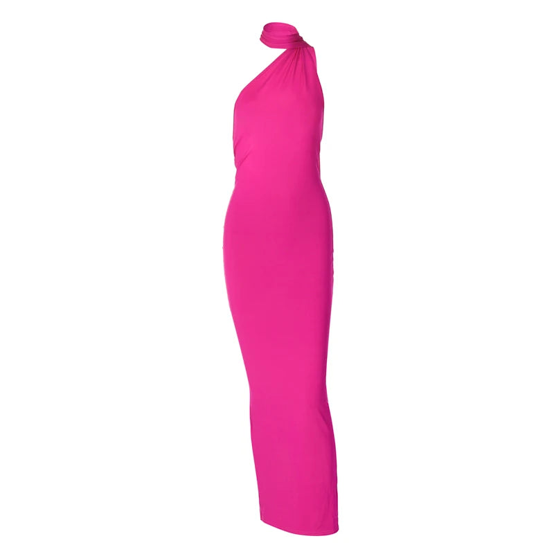 2023 One Shoulder Backless Adjustable Scarf Loop Ruched Sexy Maxi Dress Women Elegant Y2K Streetwear Festival Outfit