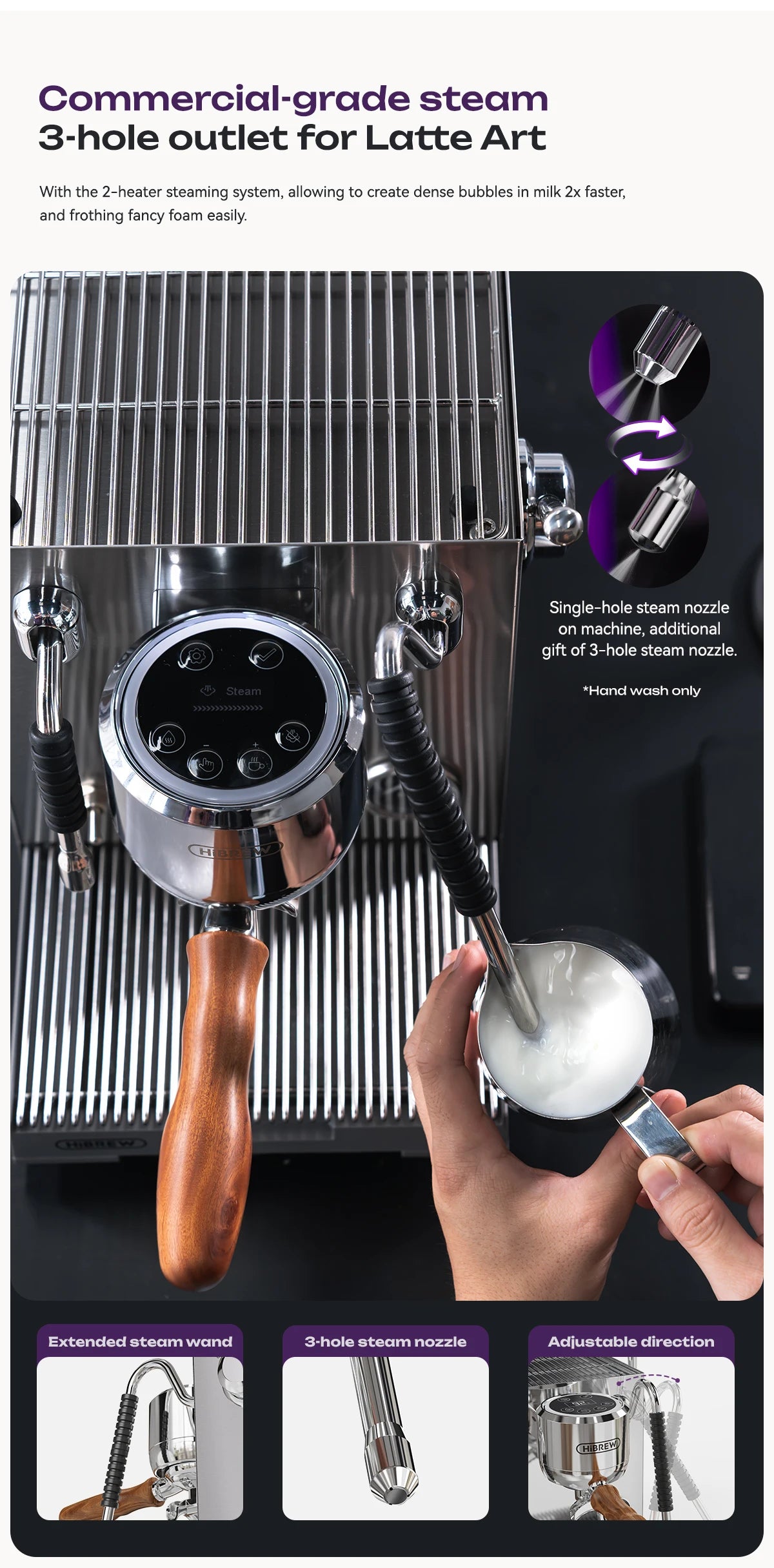HiBREW stainless steel espresso machine with wooden portafilter handle and 3-hole steam nozzle for latte art.