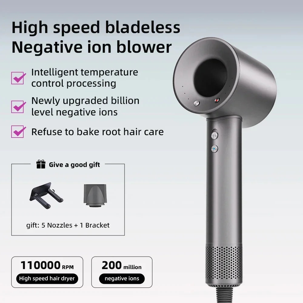 Grey bladeless negative ion hair dryer with wall mount, 5 nozzles, and high-speed motor for professional salon styling.