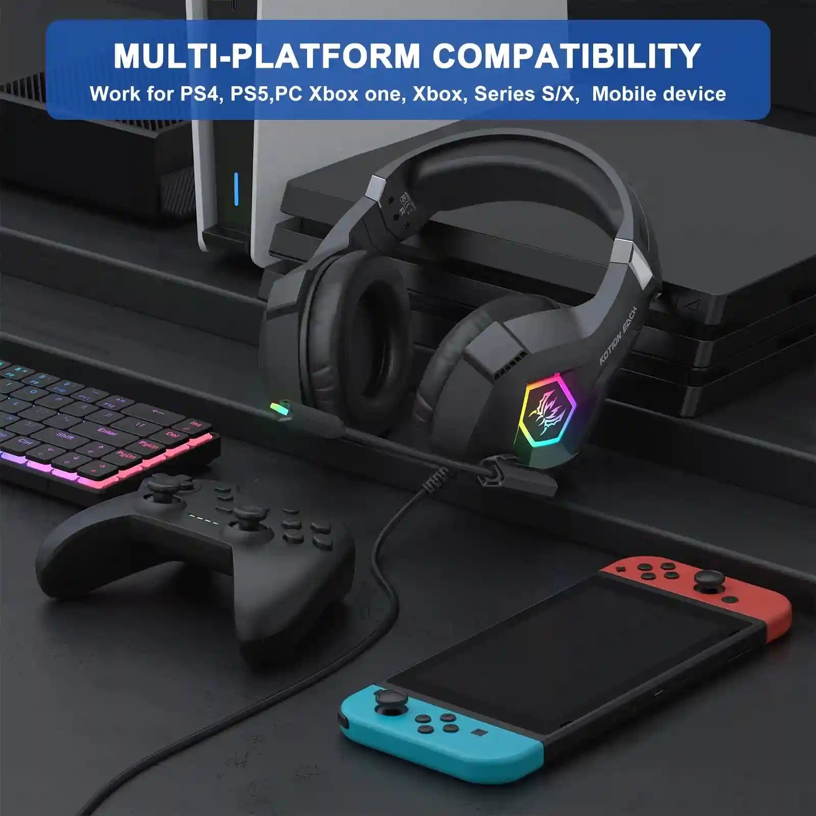 RGB Wired Gaming Headset with Noise Cancelling Mic - Black & White Tidesmit