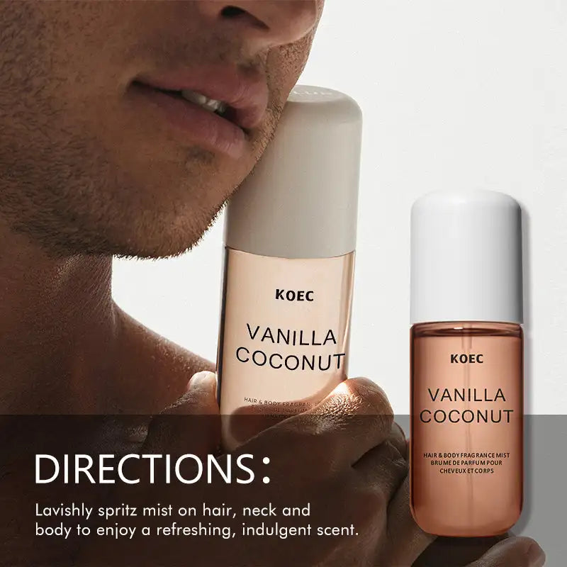 KOEC Vanilla & Coconut unisex fragrance mist in a sleek minimalist bottle. Refreshing hydrating hair and body spray.