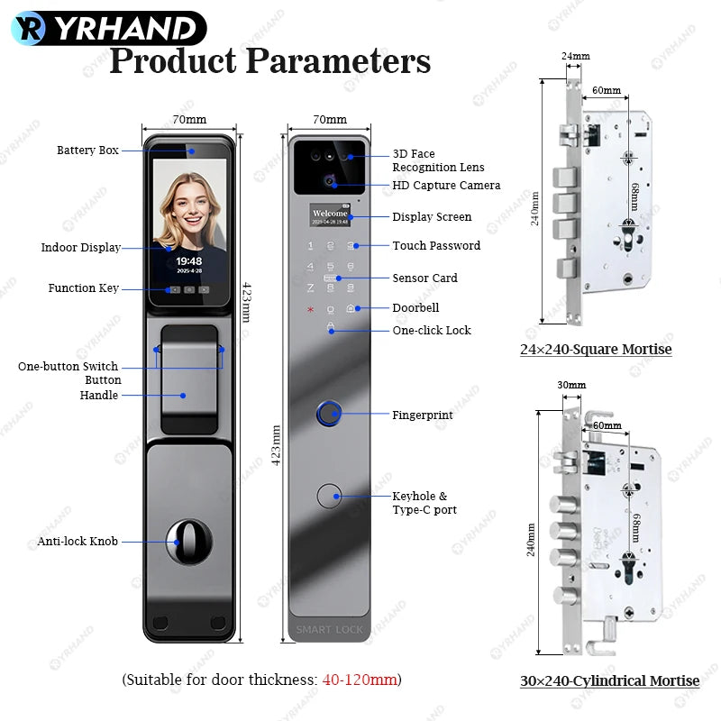 Tuya Smart Door Lock F7｜3D Face Recognition + 2K Camera + Fingerprint｜Works with Google/Alexa/Security Camera