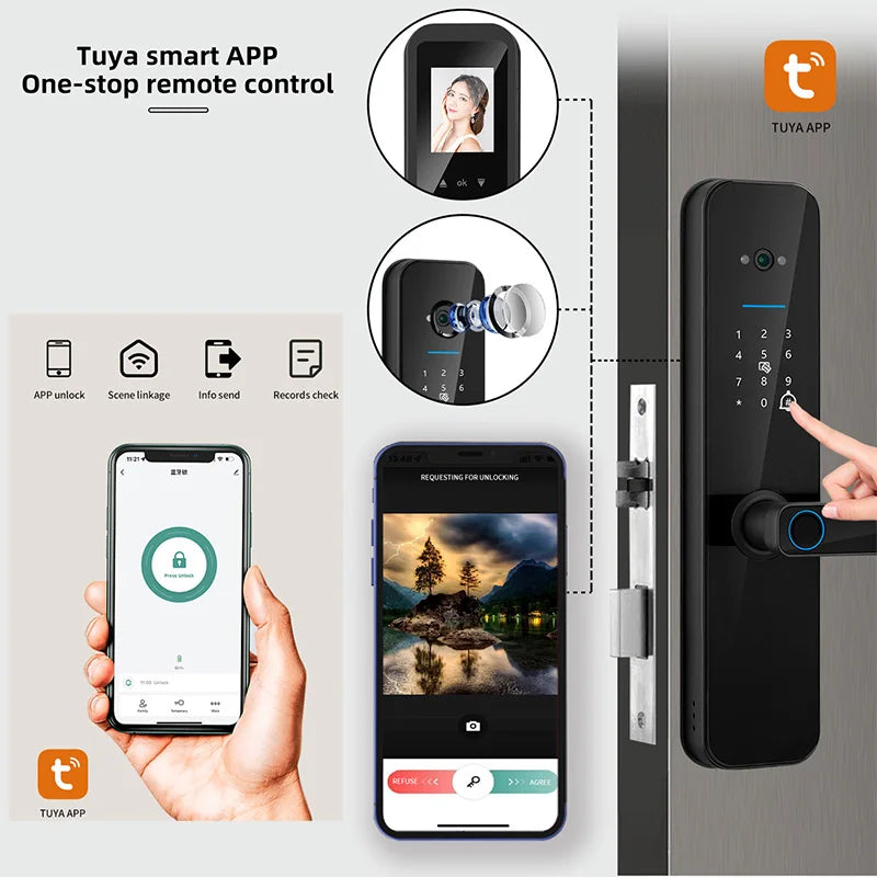 XSDTS New Tuya Wifi Digital Electronic Smart Door Lock With Biometric Camera Fingerprint Smart Card Password Key Unlock