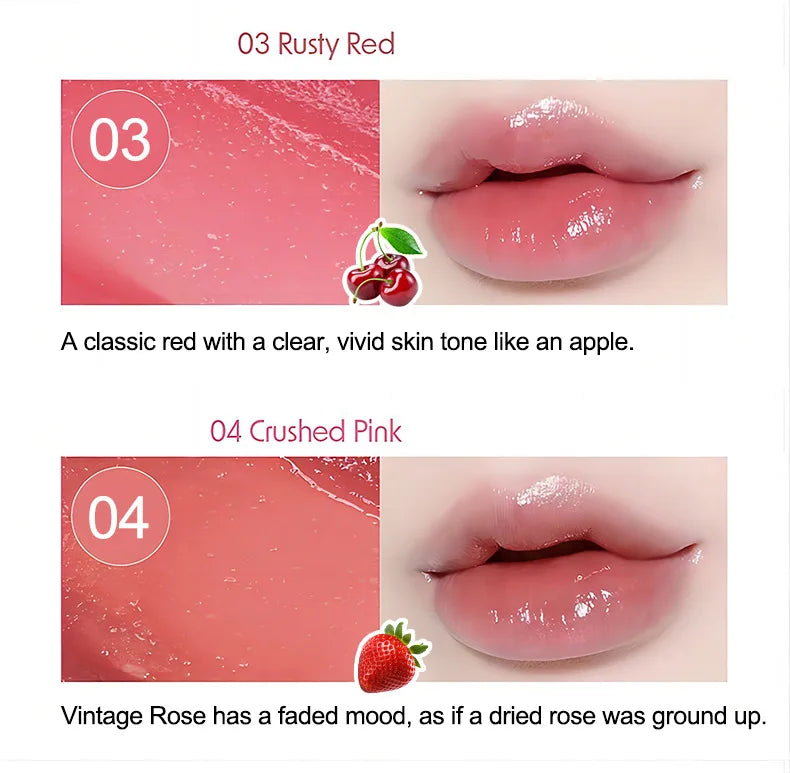 Hydrating tinted lip oil swatches in Rusty Red and Crushed Pink with a glossy, non-sticky finish on lips.
