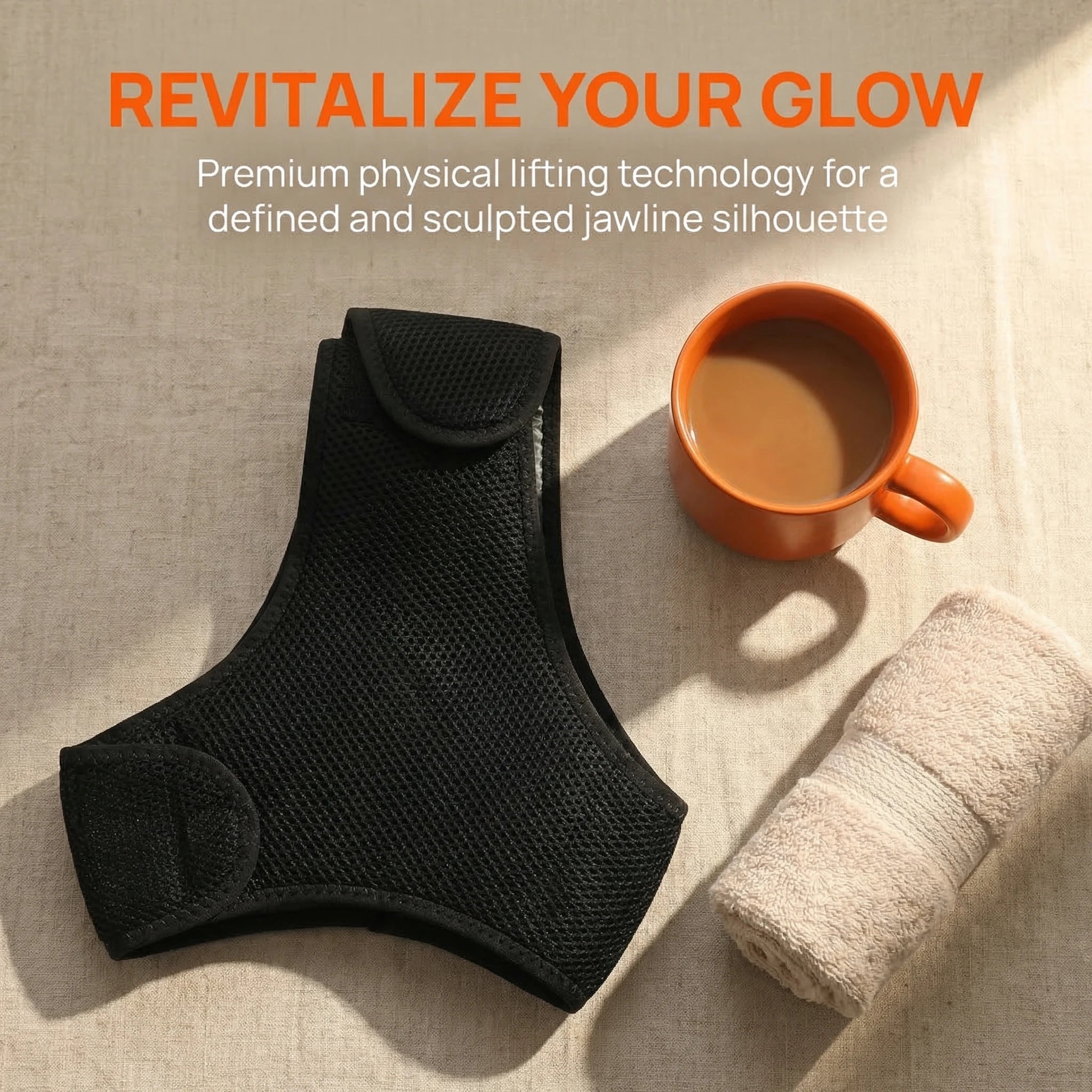 Black mesh TMJ heating wrap, next to an orange mug of coffee and a rolled-up cream towel on a textured surface.