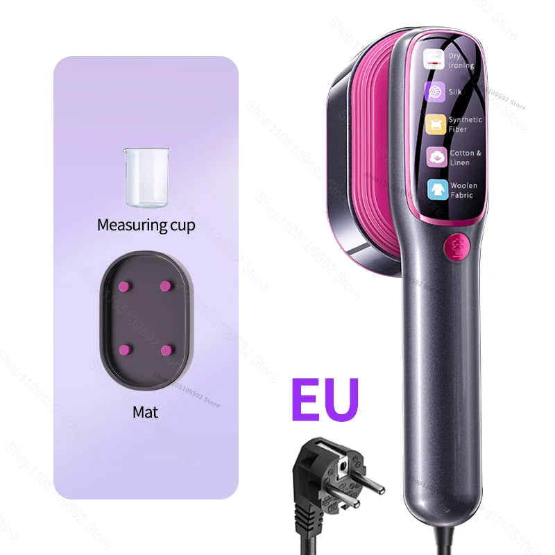Handheld garment steamer with EU plug, measuring cup, and ironing mat