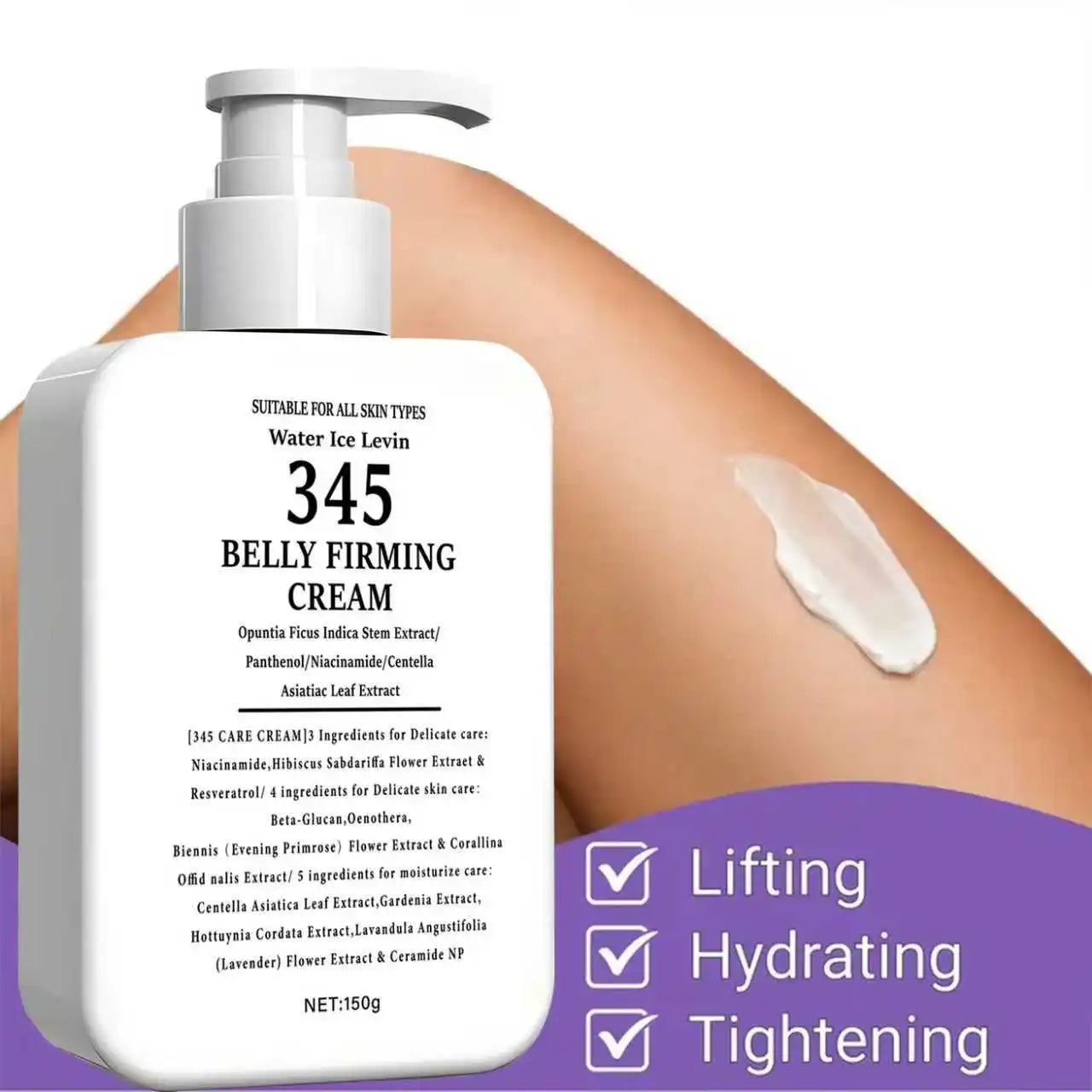 Water Ice Levin 345 Belly Firming Cream, 150g, with Niacinamide & Centella, Lightweight Moisturizes for Elastic, Firm Belly Skin