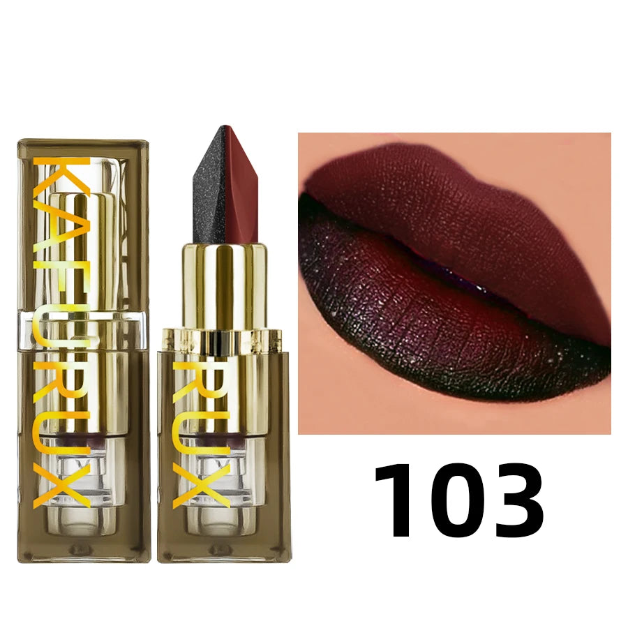 Two-tone lipstick in shade 103, featuring black glitter and deep red matte finish for a bold, moisturizing ombre lip look.